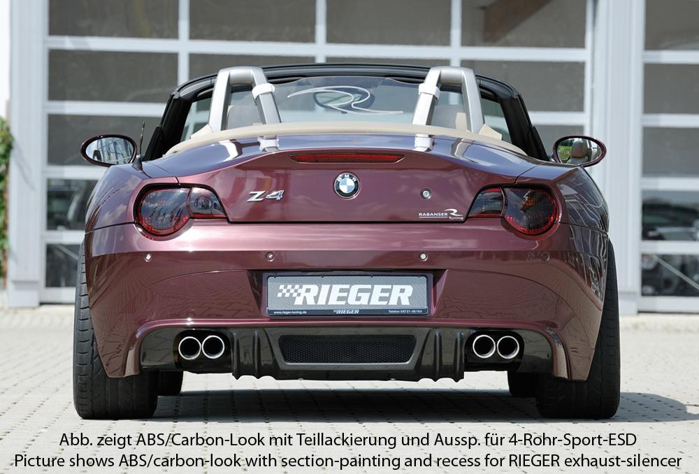 BMW Z4 (E85) Rieger Heckansatz für orig. Doppelendrohr li, ABS, Carbon-Look,
inkl. Alugitter, Montagezubehör, Gutachten