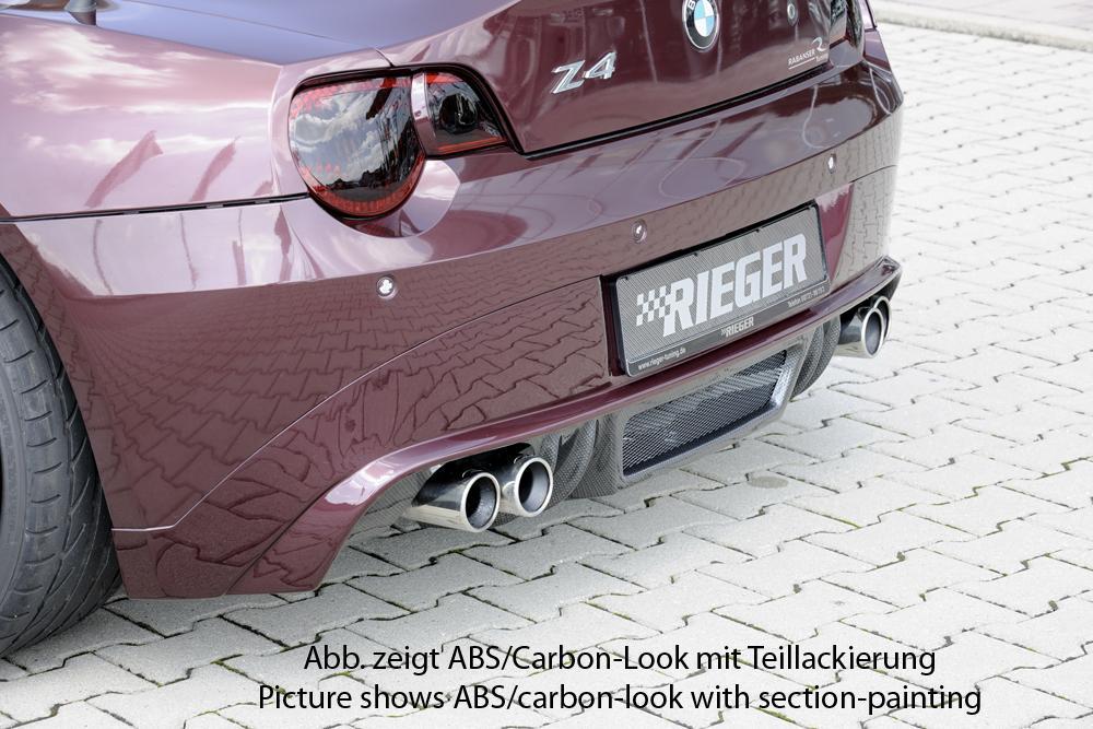 BMW Z4 (E85) Rieger Heckansatz für Doppelendrohr li. u. re., (4x90mm ø), ABS, Carbon-Look,
inkl. Alugitter, Montagezubehör, Gutachten