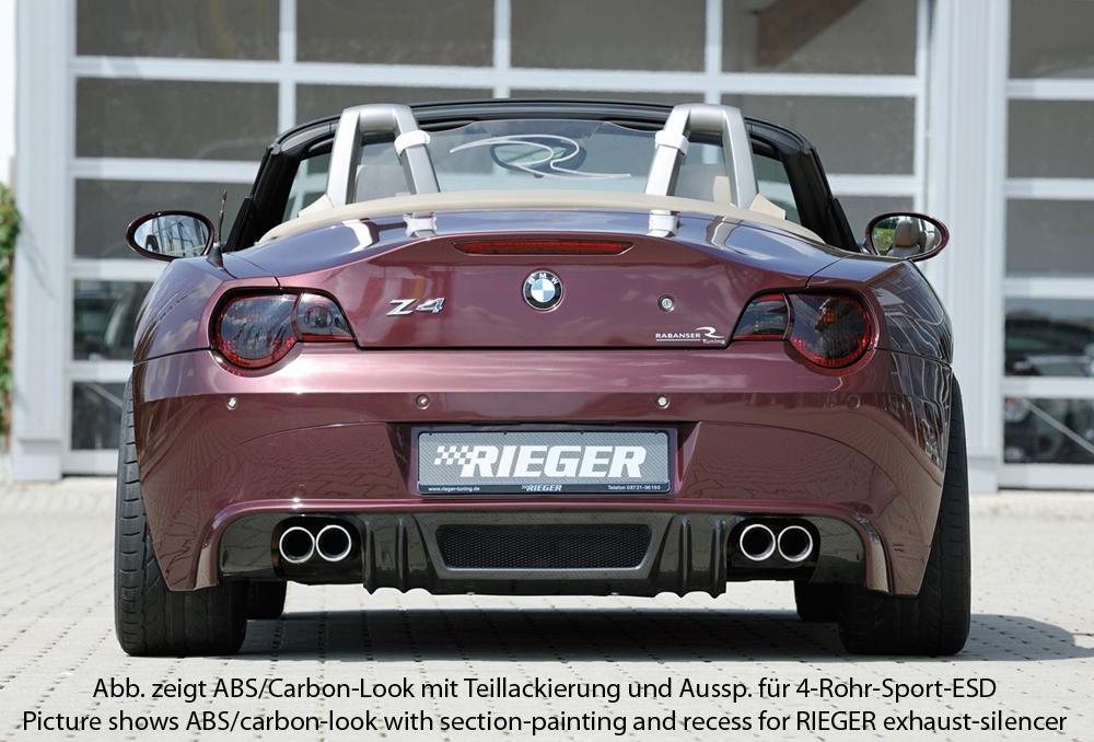 BMW Z4 (E85) Rieger Heckansatz für Doppelendrohr li., ABS, Carbon-Look,
inkl. Montagezubehör, Alugitter, Gutachten