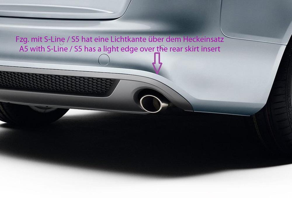 Audi A5 (B8/B81) Rieger Heckschürzenansatz für Doppelendrohr li. u. re., (4x115x85mm oval), ABS, Carbon-Look, für Fzg. ohne S-Line Exterieur,
inkl. Alugitter, Montagezubehör, Gutachten