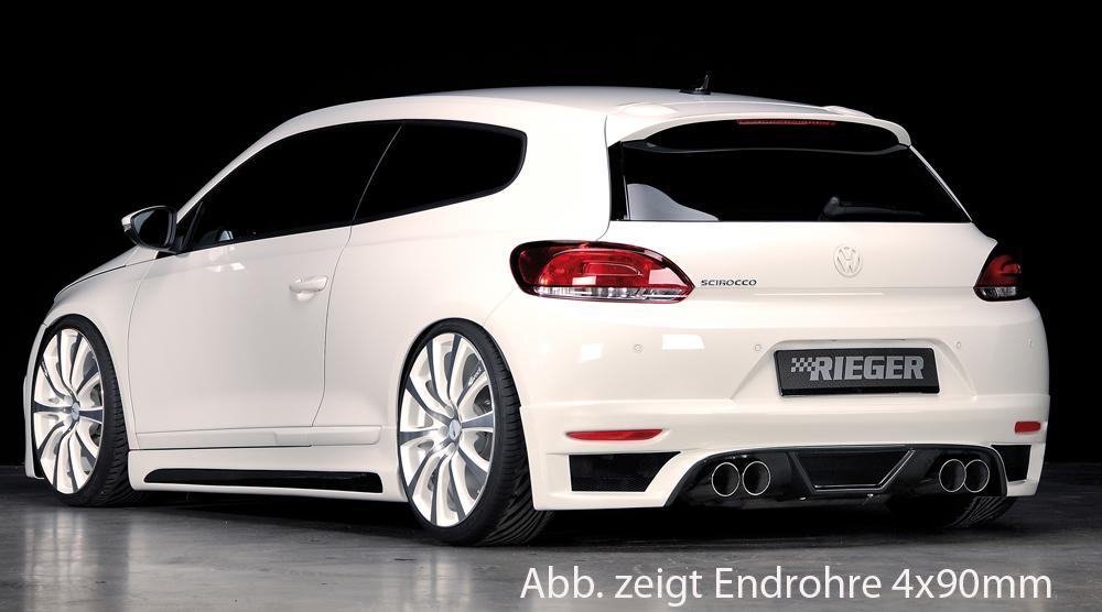 VW Scirocco 3 (13) Rieger ESD, 4x76mm Typ 14, ohne Siebrohreinsatz -088 VW Scirocco 2.0l TFSI 147/155kW 2.0l TDI103kW links, rechts, 4x76mm, ohne Siebrohr, seitl. versetzt, mit Prägung, für RIEGER Heckansatz u. -einsatz, Edelstahl,
inkl. Gutachten