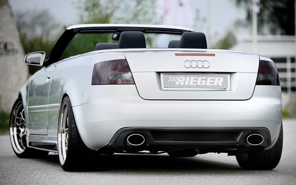 Audi A4 (8H) RIEGER ESD, li./re., Typ 32, Audi A4 (8H) Cabrio 2.0l 147kW 2.4l 125kW 3.0l 162kW links, rechts, 1x140x90mm, oval, für RIEGER-Heckeinsatz, Edelstahl,
inkl. Montagezubehör, Gutachten