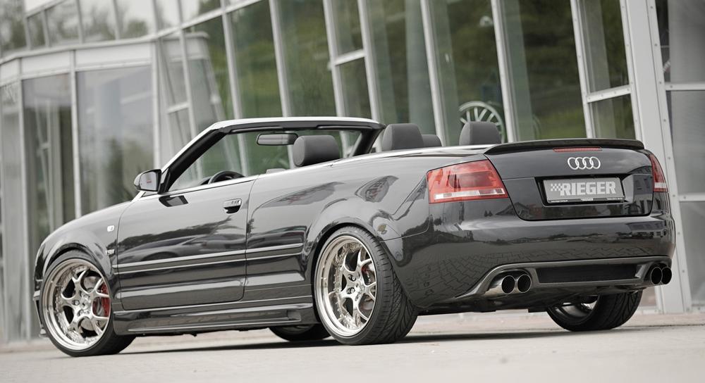 Audi A4 (8H) RIEGER ESD li./re. Typ 14, Audi A4 (8H) Cabrio 2.0l 147kW 2.4l 125kW 3.0l 162kW links, rechts, 4x90mm, rund, scharfkantig, schräg, seitl. versetzt, für RIEGER-Heckeinsatz, Edelstahl,
inkl. Montagezubehör, Gutachten