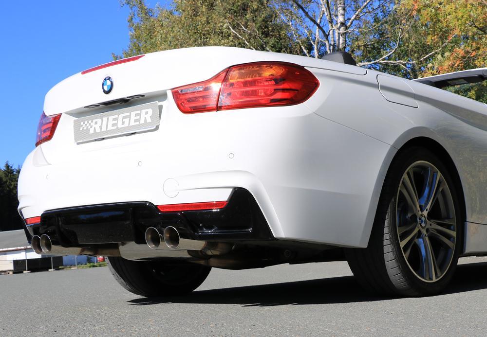 BMW 4er F32 (3C) Rieger ESD BMW 4er F32/F33/F36, nur 435i 225/250kW 4x80mm, rund 15° schräg (Typ 25) mit Typ-B Einsatz links, rechts, 4x80mm, für RIEGER-Heckeinsatz, Edelstahl, für Fzg. mit M-Technik,
inkl. Montagezubehör, ABE