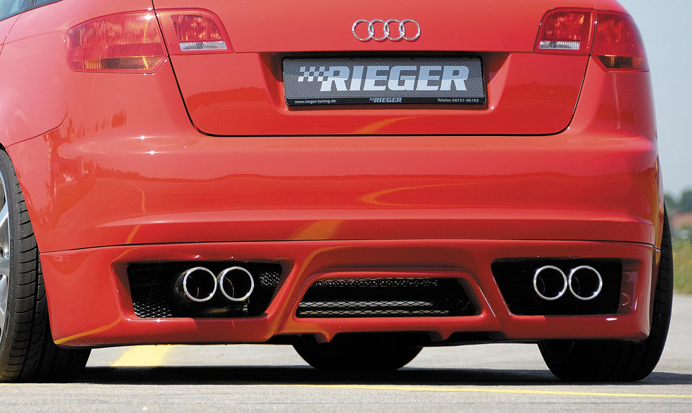 Audi A3 (8P) Rieger ESD, links/rechts, seitlich versetzt A3 (8P) Sportback, 2.0 TFSI, 2.0 TDI 125kW rechts, links, seitl. versetzt, 4x90mm, für RIEGER-Heckansatz, Edelstahl, 
inkl. Gutachten