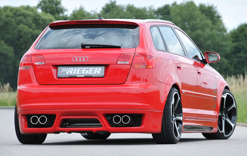 Audi A3 (8P) Rieger ESD, links/rechts, seitlich versetzt A3 (8P) Sportback, 2.0 TFSI, 2.0 TDI 125kW rechts, links, seitl. versetzt, 4x90mm, für RIEGER-Heckansatz, Edelstahl, 
inkl. Gutachten