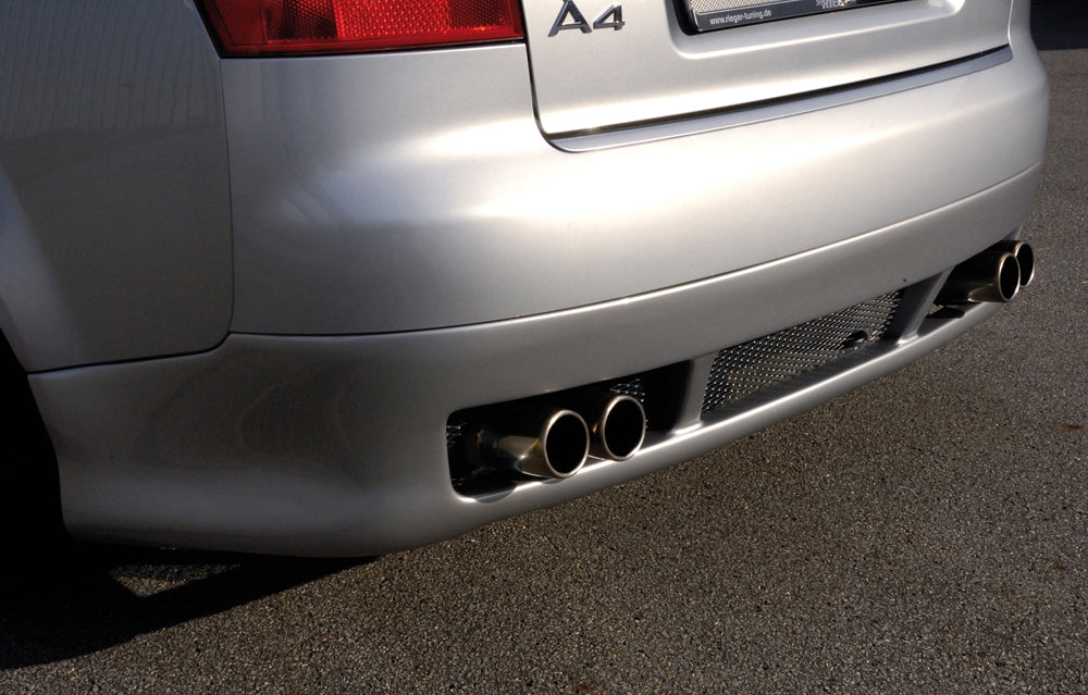 Audi A4 (8E) Typ B6 Rieger ESD, li/re Typ 12, Audi A4 (8E) nur Quattro 1,8T 110/120/140 kW  1,9l TDI 96kW  2,5l TDI 132kW rechts, links, mit Prägung, 4x76mm, für RIEGER-Heckansatz, Edelstahl, 
inkl. Gutachten
