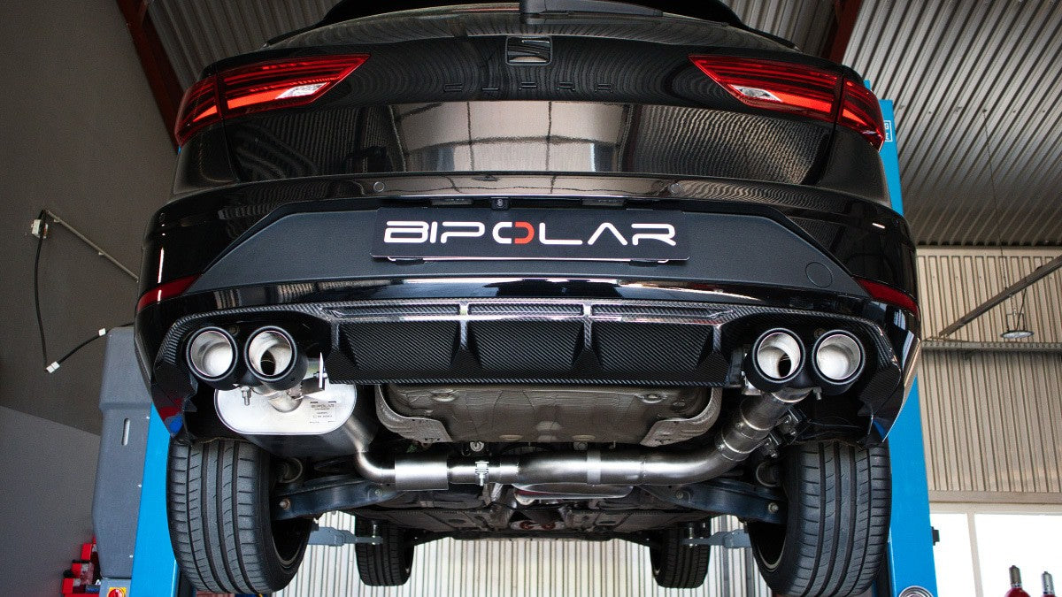 Grail Auspuffanlage Seat Leon Cupra R ST (DNUE) 3-Zoll 4-flutig Chrom Endrohre an HJS Montage bei Grail