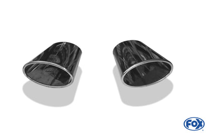 FOX Anschweißendrohr Typ 38 - Rechts & Links 160x90 mm / Länge: 300 mm - oval  - 1x seitlich nach rechts 15° und 1x seitlich nach links 15°, sowie 15° nach unten abgeschrägt / eingerollt / ohne Absorber