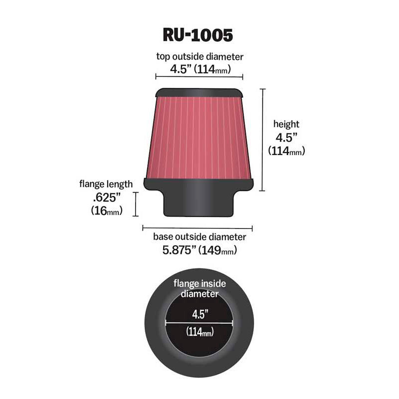 K&N Luftfilter Universal Konisch 114mm Flansch, 149mm Untendurchmesser, 114mm Obendurchmesser, 114mm Höhe (RU-1005)