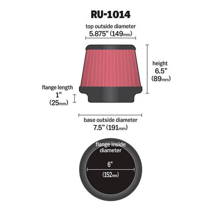 K&N Luftfilter Universal Konisch 152mm Flansch, 190mm Untendurchmesser, 149mm Obendurchmesser, 165mm Höhe (RU-1014)