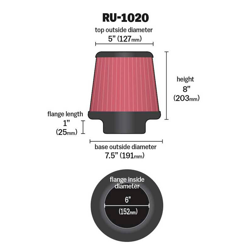 K&N Luftfilter Universal Konisch 152mm Flansch, 190mm Untendurchmesser, 152mm Obendurchmesser, 203mm Höhe (RU-1020)