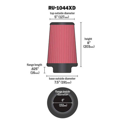 K&N Luftfilter Universal Konisch 152mm Flansch, 190mm Untendurchmesser, 127mm Obendurchmesser, 203mm Höhe Extreme Duty (RU-1044XD)