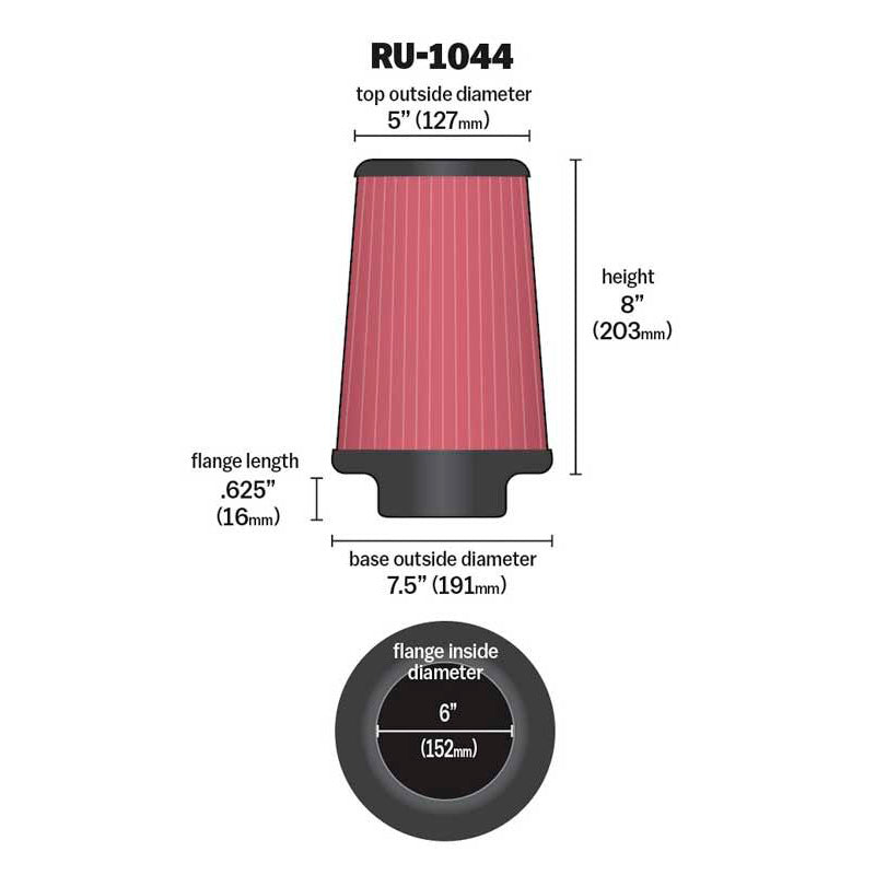 K&N Luftfilter Universal Konisch 152mm Flansch, 190mm Untendurchmesser, 127mm Obendurchmesser, 203mm Höhe (RU-1044)