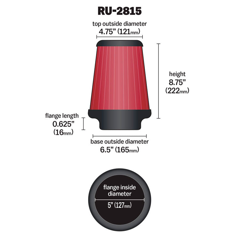 K&N Luftfilter Universal Konisch 127mm Flansch, 165mm Untendurchmesser, 111mm Obendurchmesser, 222mm Höhe (RU-2815)