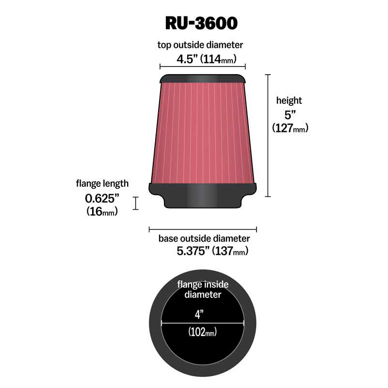 K&N Luftfilter Universal Konisch 102mm Flansch, 137mm Untendurchmesser, 114mm Obendurchmesser, 127 mm (RU-3600)