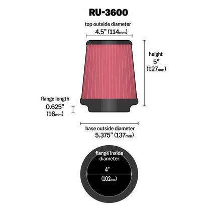 K&N Luftfilter Universal Konisch 102mm Flansch, 137mm Untendurchmesser, 114mm Obendurchmesser, 127 mm (RU-3600)