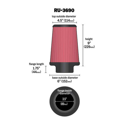 K&N Luftfilter Universal Konisch 89mm Flansch, 152mm Untendurchmesser, 114mm Obendurchmesser, 229mm Höhe (RU-3690)