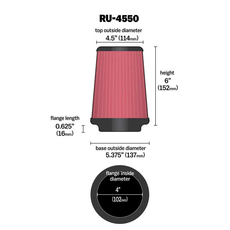 K&N Luftfilter Universal Konisch 102mm Flansch, 137mm Untendurchmesser, 114mm Obendurchmesser, 152 mm (RU-4550)