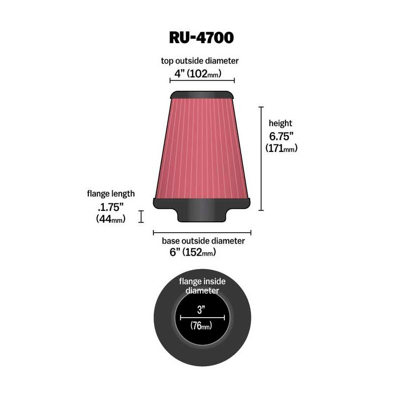 K&N Luftfilter Universal Konisch 76mm Flansch, 152mm Untendurchmesser, 102mm Obendurchmesser, 171mm Höhe (RU-4700)