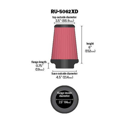 K&N Luftfilter Universal Konisch 64mm Flansch, 114mm Untendurchmesser, 89mm Obendurchmesser, 152mm Höhe Extreme Duty (RU-5062XD)