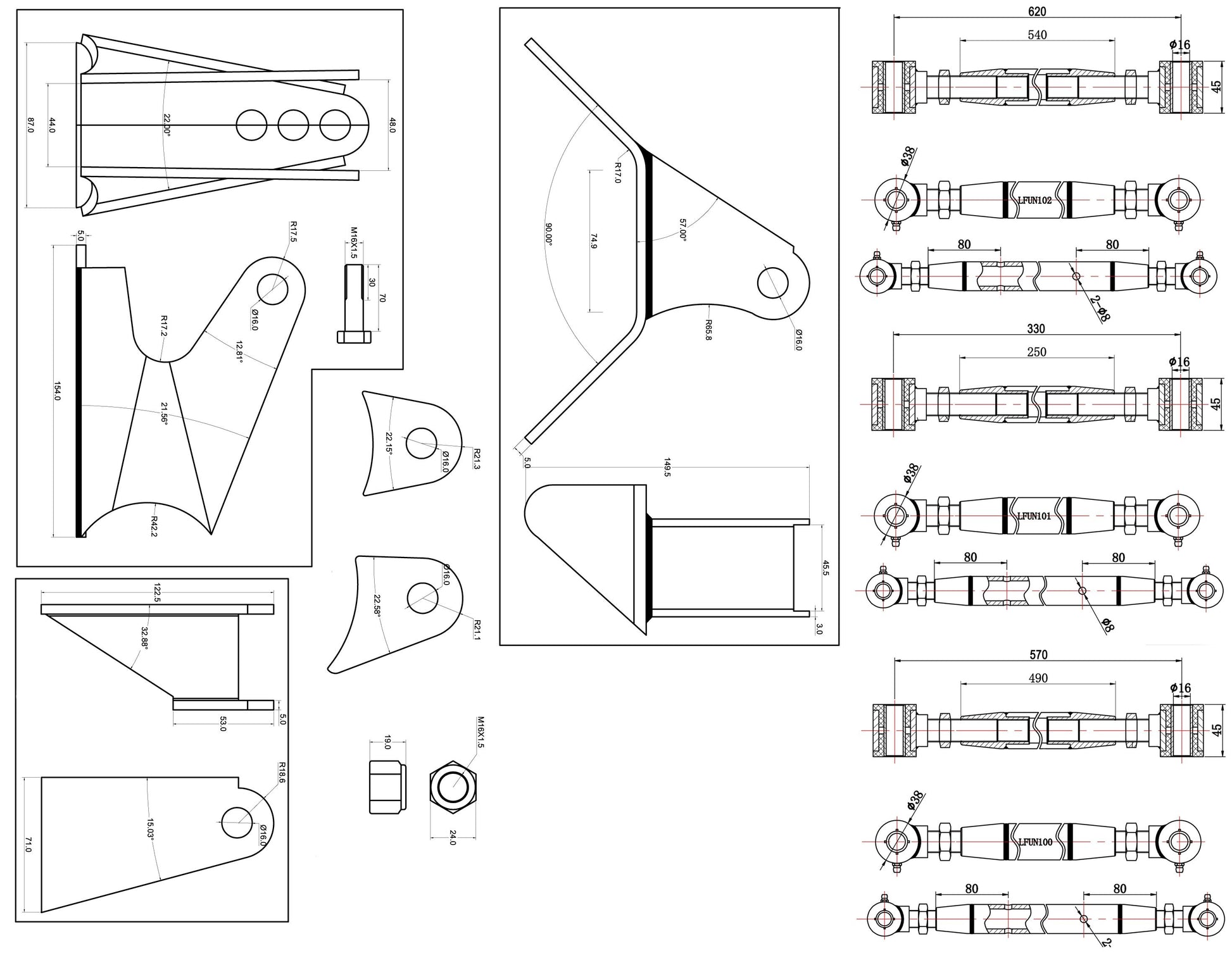 TA Technix universelles Dreiecks "triangulated" 4-​Link Kit / Umrüstset für Blattfedernsysteme auf Airride oder Airride/Ge...