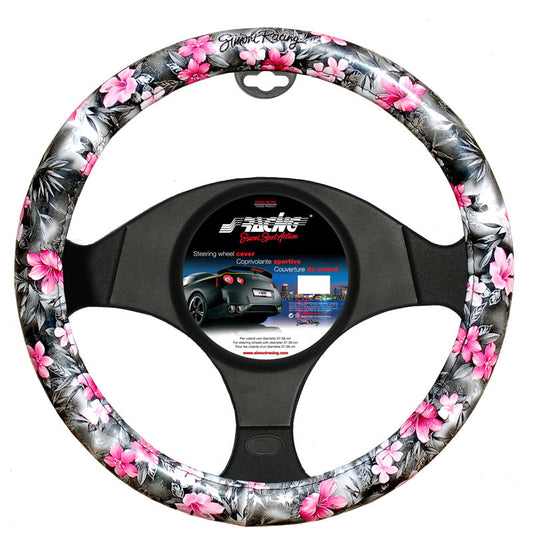 Simoni Racing Lenkradhülle Flower - 37-39cm - Schwarz/Rosa