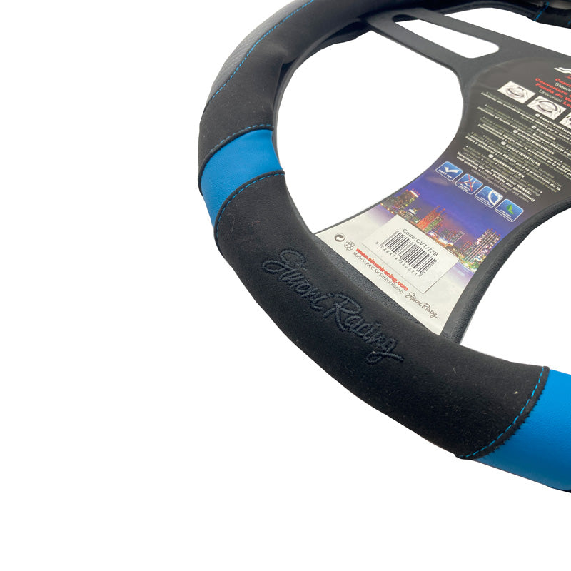 Simoni Racing Lenkradhülle Good Vibe B - 37-39cm - Schwarz Bioleder, Mikrofaser, Karbon-Optik, Blaue Akzente