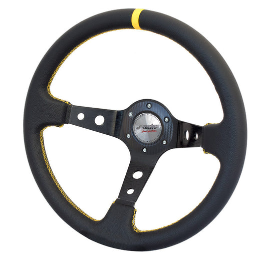 Simoni Racing Sportlenkrad Spec 350mm - Schwarz Leder + Gelbe Naten (Deep Dish - 95mm)