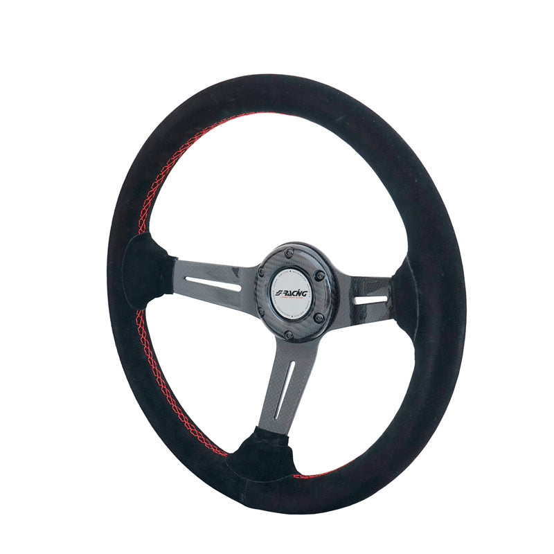 Simoni Racing High-End Racing Sportlenkrad Tommi 350mm - Echt Karbon - Schwarzes Suede + Rote Naten - Deep Dish 6,5cm