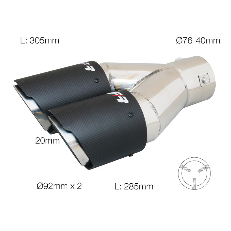 Simoni Racing Auspuffblende Doppel Rund/Schräg (Rechts) Matt-Karbon+Edelstahl - Ø92xL305mm - Anschluß 40-76mm