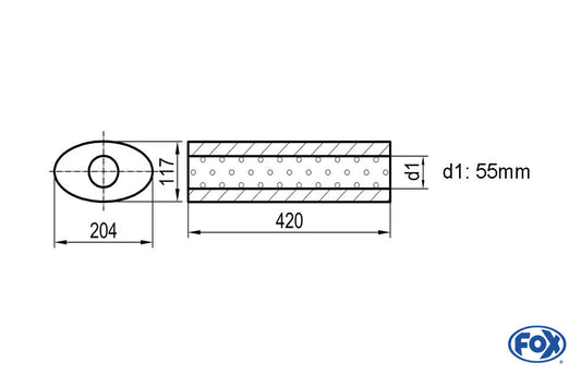FOX Uni-Schalldämpfer oval ohne Stutzen - Abwicklung 525 204x117mm, d1Ø 55mm, Länge: 420mm