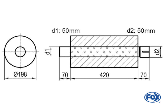 FOX Uni-Schalldämpfer rund mit Stutzen - Abwicklung 626 Ø 198mm, d1Ø 45mm  d2Ø 45,5mm, Länge: 420mm