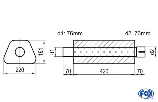 FOX Uni-Schalldämpfer Trapezoid mit Stutzen - Abwicklung 644 220x161mm, d1Ø 76mm  d2Ø 76,5mm, Länge: 420mm