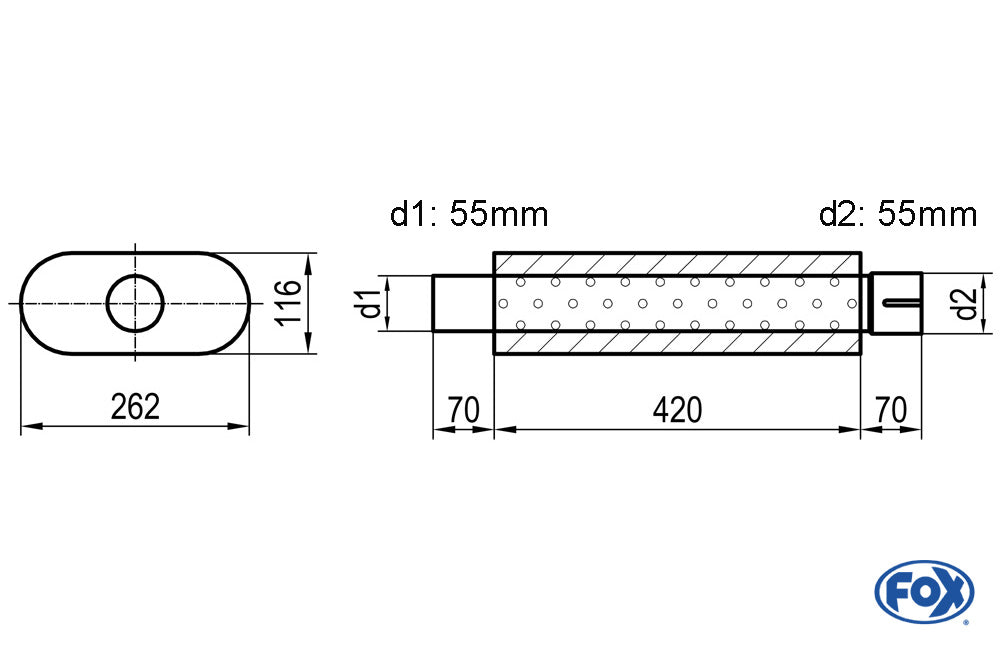 FOX Uni-Schalldämpfer oval mit Stutzen - Abwicklung 650 262x116mm, d1Ø 55mm  d2Ø 55,5mm, Länge: 420mm