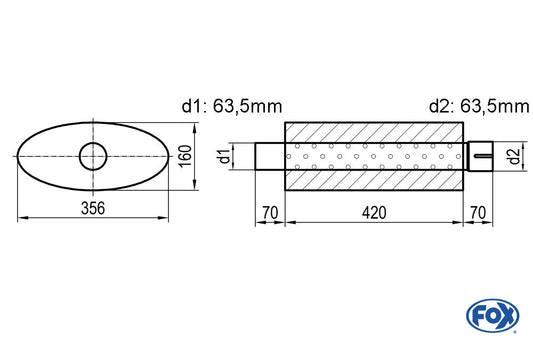 FOX Uni-Schalldämpfer oval mit Stutzen - Abwicklung 818 356x160mm, d1Ø 63,5mm  d2Ø 64mm, Länge: 420mm