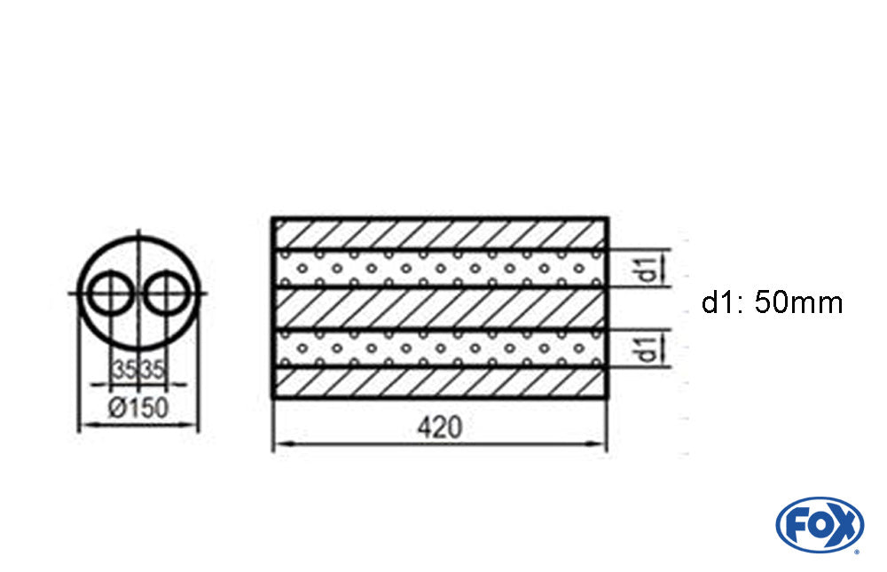 FOX Uni-Schalldämpfer rund zweiflutig - Abwicklung 466 Ø150, d1Ø 50mm, Länge: 420mm