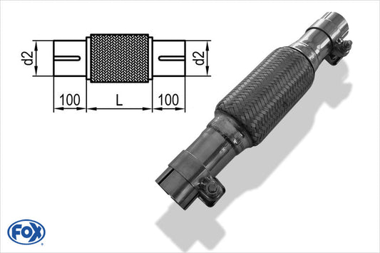 FOX Flexibles Rohr Interlock - Ø51mm  - Länge: 100mm + Stutzen Innenleben besteht aus Edelstahlwellrohr - Außenhülle ist Edelstahlgeflecht -  Mit Edelstahl-Schlussstutzen zum Schrauben mit Schelle - d2 (innen): variabel (muss separat angegeben werden!)