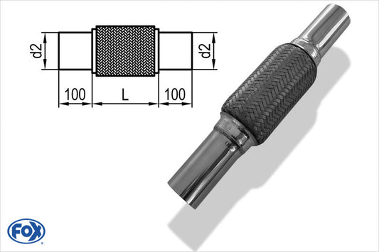 FOX Flexibles Rohr Interlock - Ø54mm  - Länge: 200mm + Stutzen Innenleben besteht aus Edelstahlwellrohr - Außenhülle ist Edelstahlgeflecht -  Mit Edelstahl-Schlussrohren zum Anschweißen - d2 (innen): variabel (muss separat angegeben werden!)