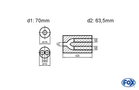 FOX Uni-Schalldämpfer rund zweiflutig mit Hose- Abwicklung 556 Ø176mm, d1Ø 70mm außen, d2Ø 60mm außen, Länge: 420mm  -Ø176mm