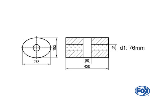 FOX Uni-Schalldämpfer oval ohne Stutzen mit Kammer - Abw. 754 278x192mm, d1Ø 76mm, Länge: 420mm