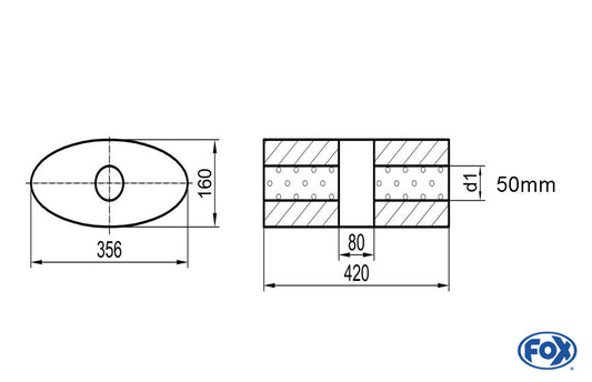 FOX Uni-Schalldämpfer oval ohne Stutzen mit Kammer - Abw. 818 356x160mm, d1Ø 50mm, Länge: 420mm