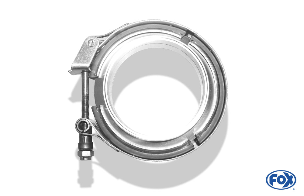 FOX V-Bandschelle Ø76mm - Set Dieses Set besteht aus:  2x CNC gedrehte Edelstahl V-Band Flansche (männlich & weiblich) mit Nut für 76mm Rohre  1x V-Band Schelle mit Schnellverschluss aus Edelstahl inkl. Spezialmutter