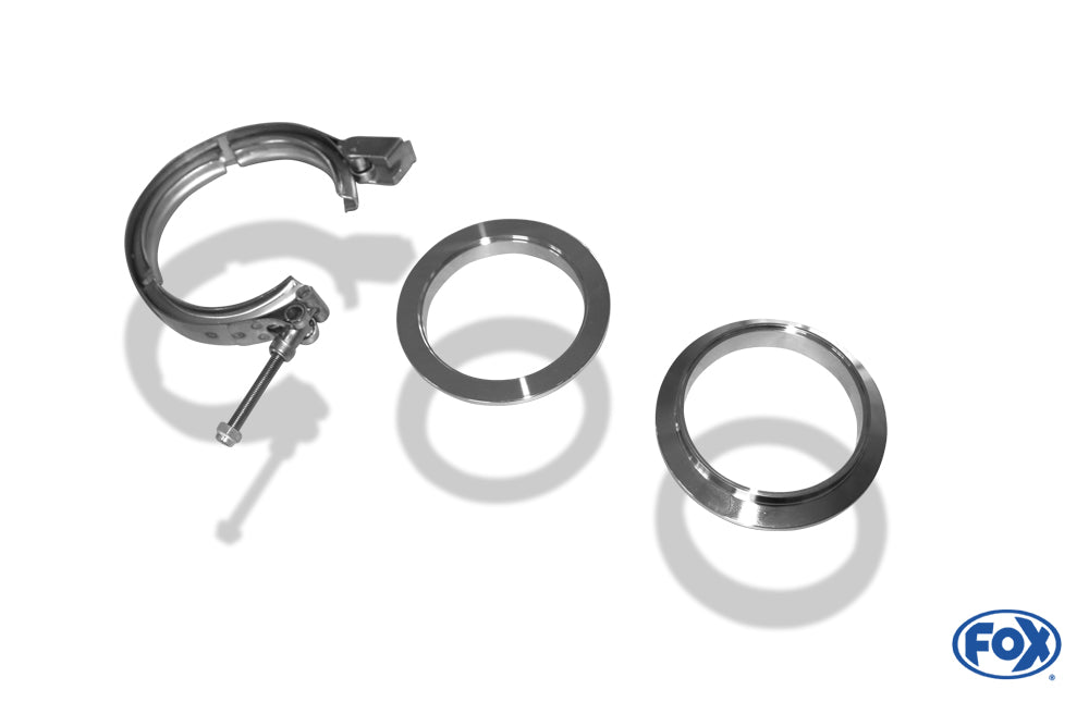FOX V-Bandschelle Ø76mm - Set Dieses Set besteht aus:  2x CNC gedrehte Edelstahl V-Band Flansche (männlich & weiblich) mit Nut für 76mm Rohre  1x V-Band Schelle mit Schnellverschluss aus Edelstahl inkl. Spezialmutter