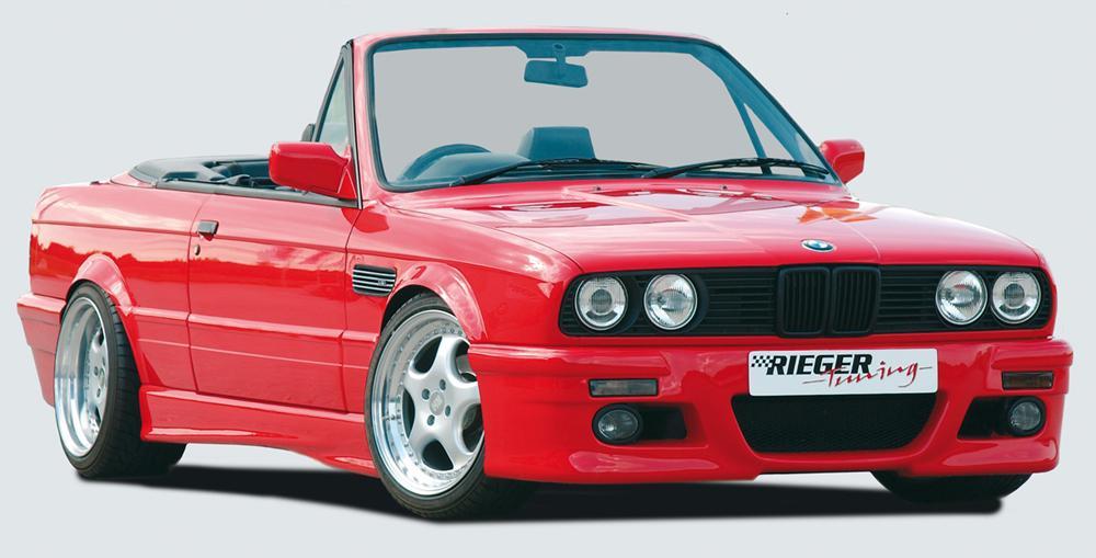 BMW 3er E30 Rieger Spoilerstoßstange   Montagehinweis: orig.Spoiler als Untertr. Behalten mit Halter f. orig. NSW, mit Aussparung für Blinkleuchten, ABS, 
inkl. Alugitter, Gutachten, Montagezubehör