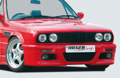 BMW 3er E30 Rieger Spoilerstoßstange   Montagehinweis: orig.Spoiler als Untertr. Behalten mit Halter f. orig. NSW, mit Aussparung für Blinkleuchten, ABS, 
inkl. Alugitter, Gutachten, Montagezubehör