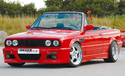 BMW 3er E30 Rieger Spoilerstoßstange   Montagehinweis: orig.Spoiler als Untertr. Behalten mit Halter f. orig. NSW, mit Aussparung für Blinkleuchten, ABS, 
inkl. Alugitter, Gutachten, Montagezubehör