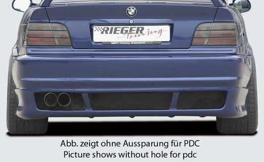 BMW 3er E36 Rieger Heckschürze E46-Look  (auch für 4-Rohr-ESD geeignet) ABS, für Fzg. mit Einparkhilfe (PDC), 
inkl. Alugitter, Gutachten, Montagezubehör