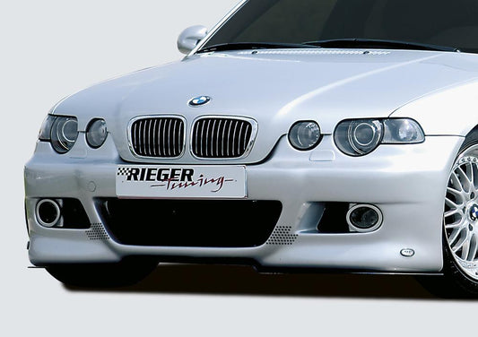 BMW 3er E46 Rieger Spoilerstoßstange  mit Halter f. orig. NSW, mit zusätzlichen Lüftungsschlitzen, in Lochblechoptik, ABS,  für Fzg. mit Scheinwerferreinigungsanlage, 
Alugitter, Gutachten, Montagezubehör