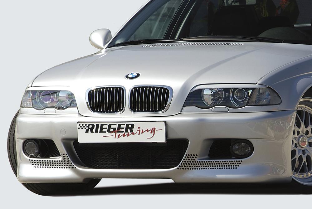 BMW 3er E46 Rieger Spoilerstoßstange -> Vorgängermodell mit speziellen Halterungen mit Halter f. orig. NSW, mit zusätzlichen Lüftungsschlitzen, in Lochblechoptik, ABS, 
Alugitter, Gutachten, Montagezubehör